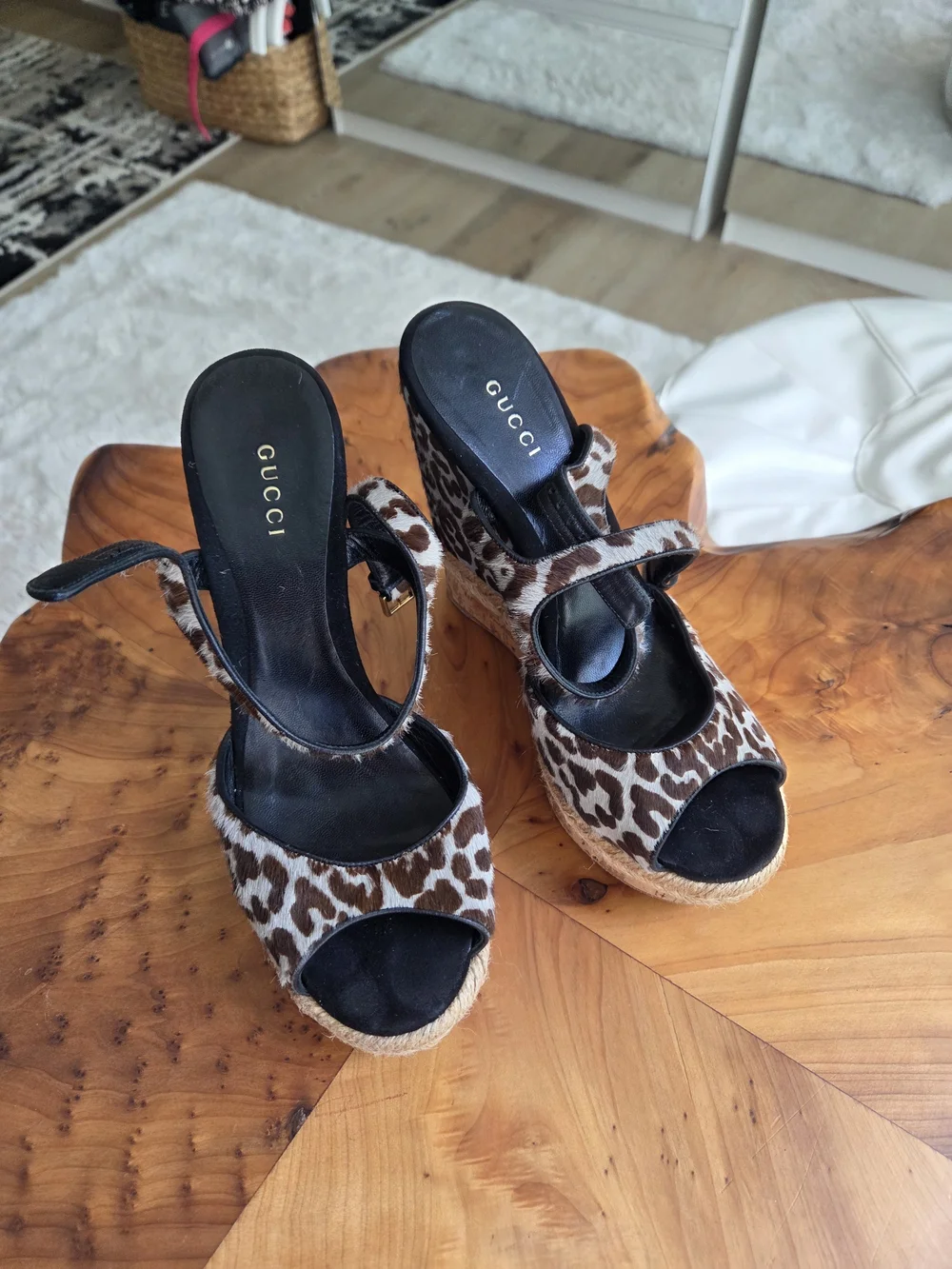Gucci Brown Leopard Print Wedge Sandals